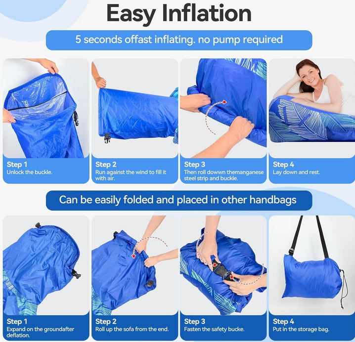 Lounger Air Sofa with Sun Shade Cover Waterproof Inflatable Couch Chair for Camping Beach Hiking Backyard, Easy to Set Up Inflatable Couch