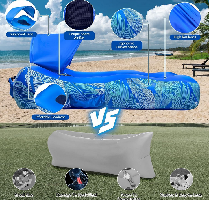 Lounger Air Sofa with Sun Shade Cover Waterproof Inflatable Couch Chair for Camping Beach Hiking Backyard, Easy to Set Up Inflatable Couch