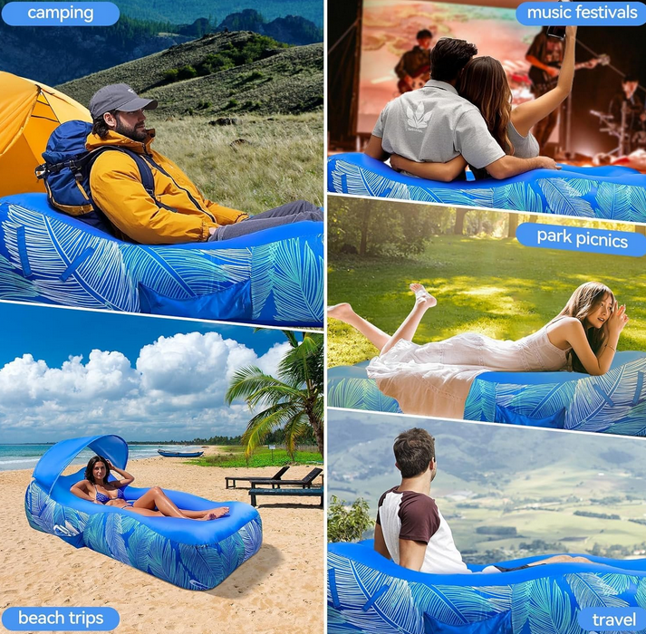 Lounger Air Sofa with Sun Shade Cover Waterproof Inflatable Couch Chair for Camping Beach Hiking Backyard, Easy to Set Up Inflatable Couch